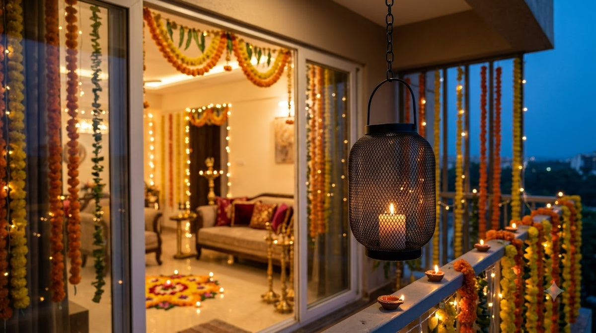 A dark hanging lantern with a lit candle is shown on a decorated balcony overlooking a warmly lit living room at dusk. Image is AI generated for reference the actual product is in the first picture..