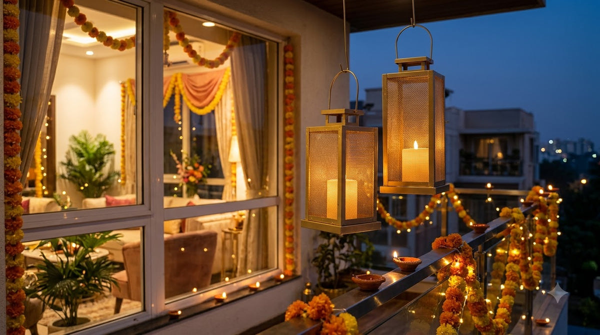 A warmly lit indoor balcony or terrace at dusk, decorated with orange marigold garlands, hanging lanterns, string lights, and candles. Large glass doors and windows reflect the interior, and a city skyline is visible outside under a dark blue evening sky. Ai generated image actual product is the first image..