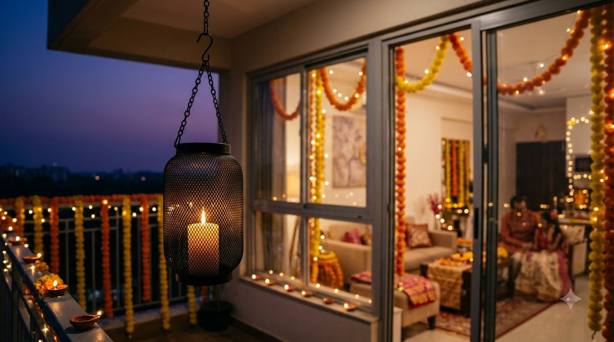 A dark hanging lantern with a lit candle is shown on a decorated balcony overlooking a warmly lit living room at dusk. Image is AI generated for reference the actual product is in the first picture.