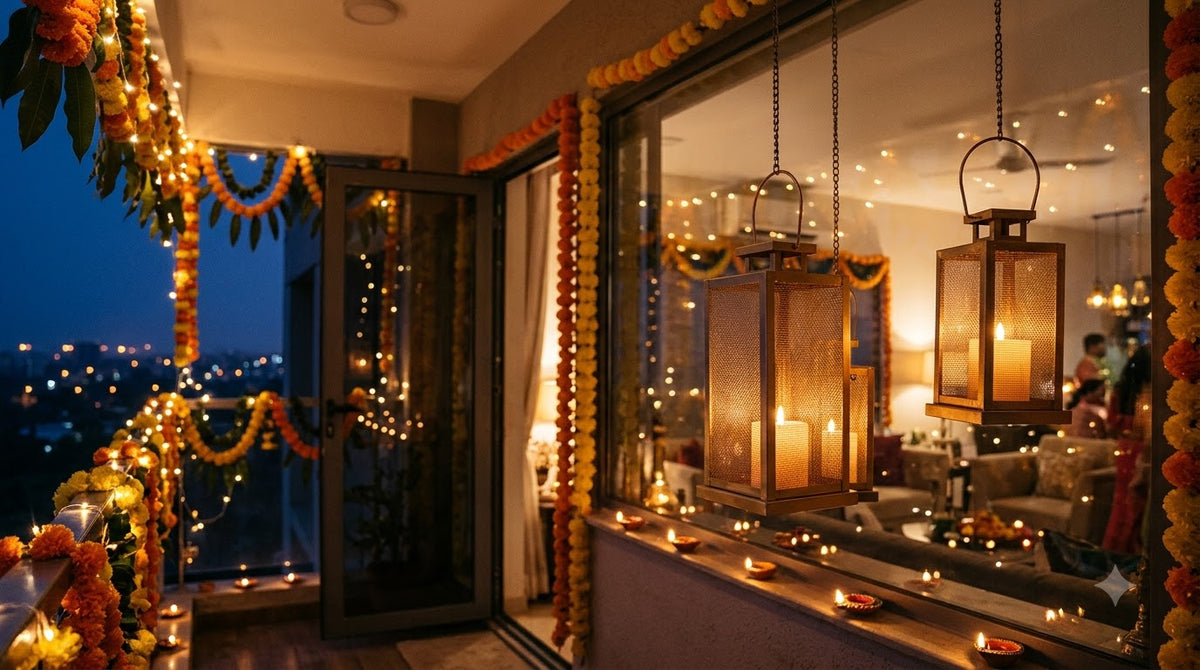 A warmly lit indoor balcony or terrace at dusk, decorated with orange marigold garlands, hanging lanterns, string lights, and candles. Large glass doors and windows reflect the interior, and a city skyline is visible outside under a dark blue evening sky. Ai generated image actual product is the first image..