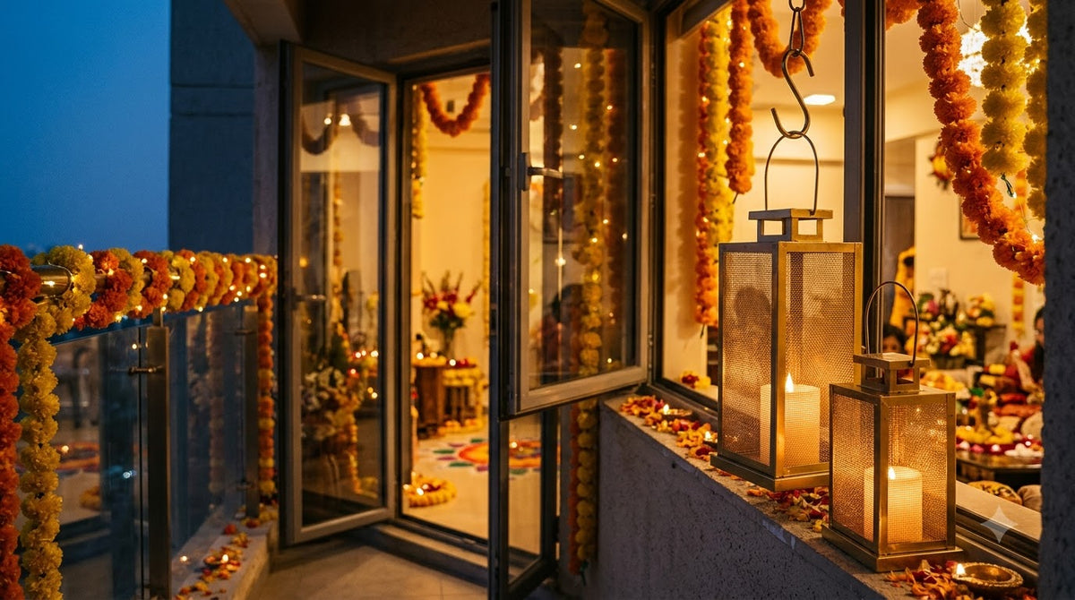 A warmly lit indoor balcony or terrace at dusk, decorated with orange marigold garlands, hanging lanterns, string lights, and candles. Large glass doors and windows reflect the interior, and a city skyline is visible outside under a dark blue evening sky. Ai generated image actual product is the first image..