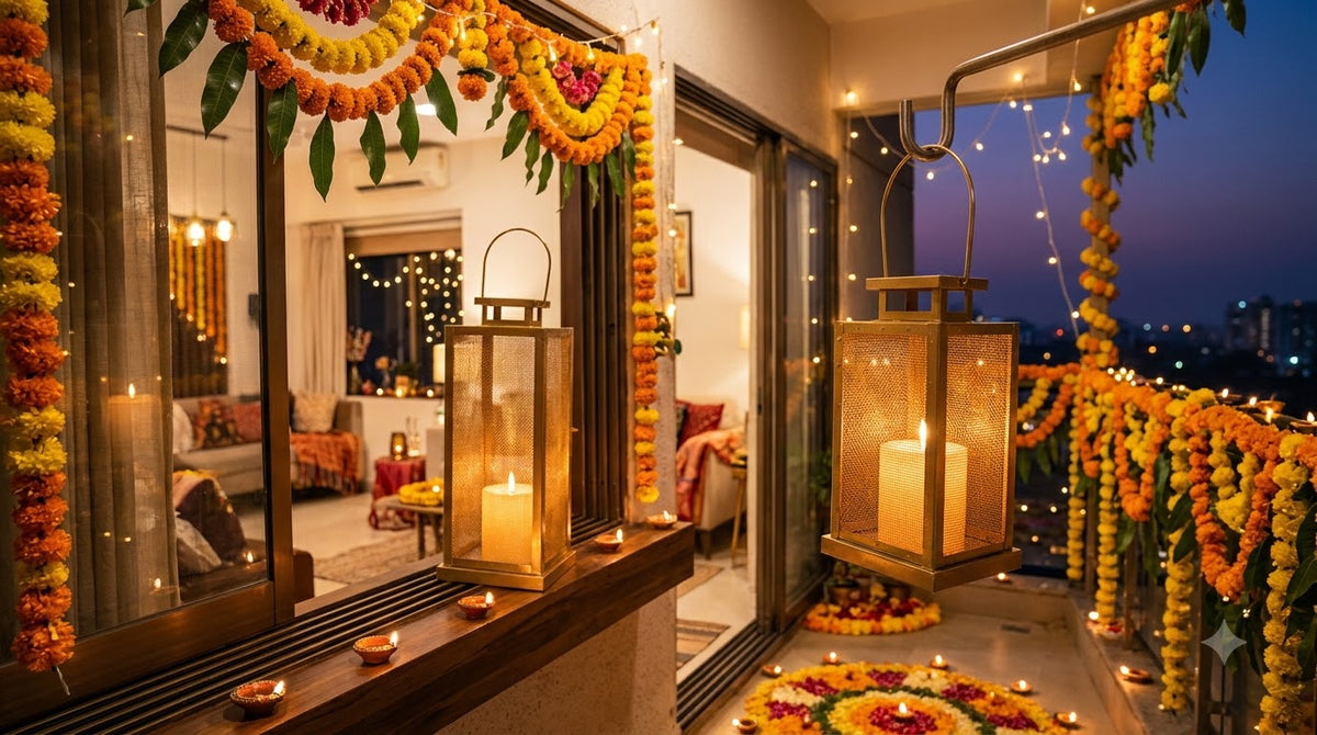 A warmly lit indoor balcony or terrace at dusk, decorated with orange marigold garlands, hanging lanterns, string lights, and candles. Large glass doors and windows reflect the interior, and a city skyline is visible outside under a dark blue evening sky. Ai generated image actual product is the first image..