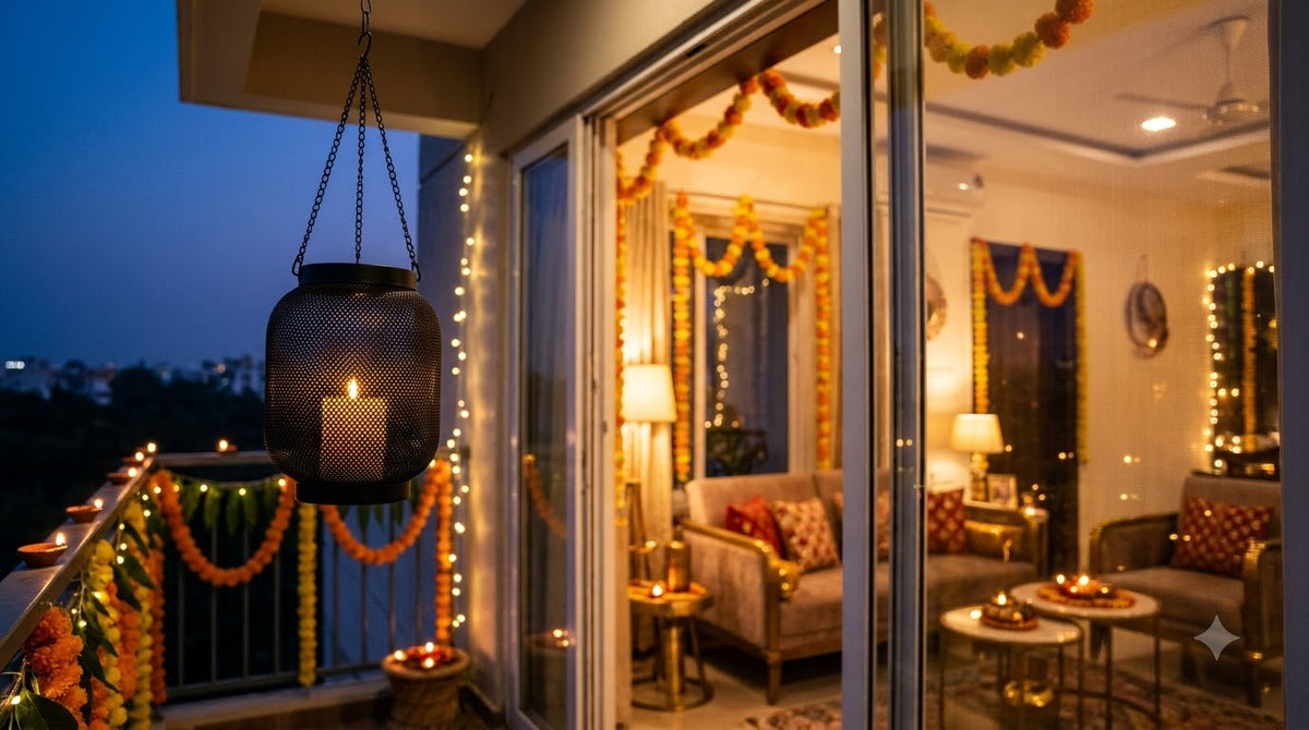 A dark hanging lantern with a lit candle is shown on a decorated balcony overlooking a warmly lit living room at dusk. Image is AI generated for reference the actual product is in the first picture.. 
