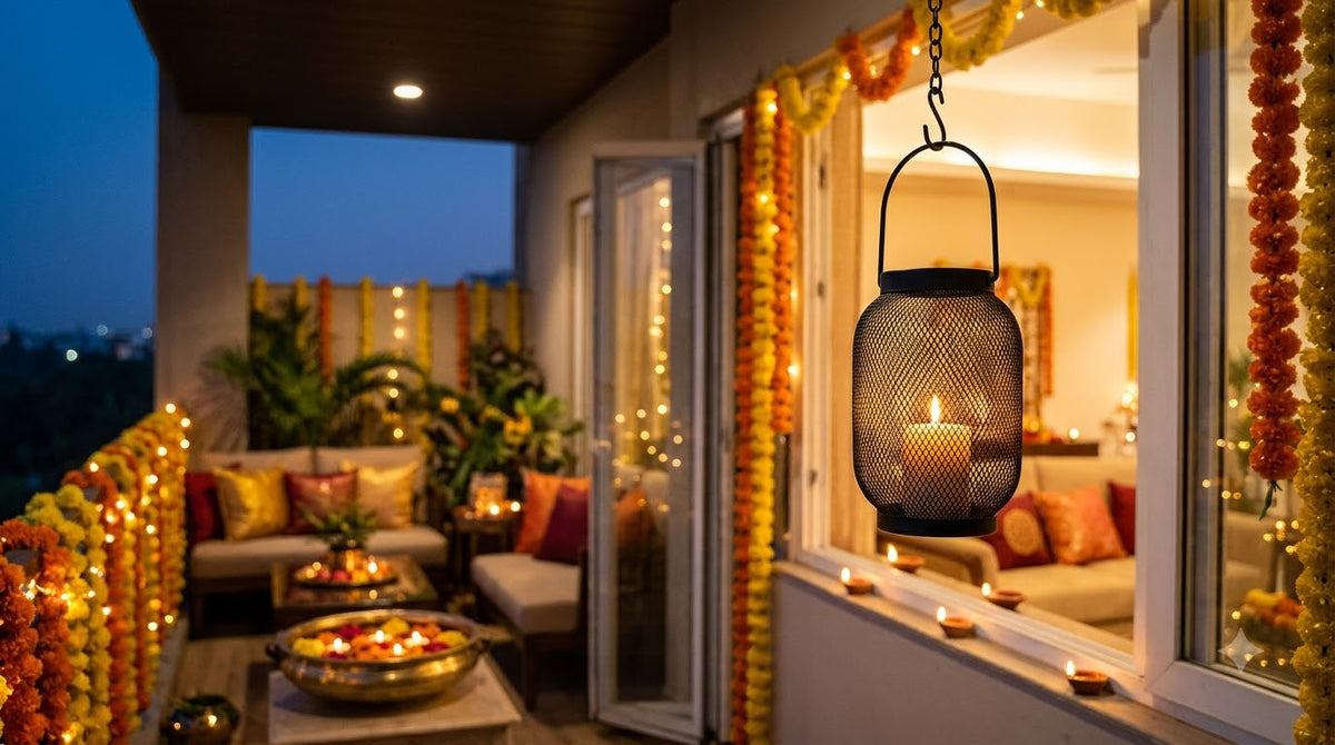 A dark hanging lantern with a lit candle is shown on a decorated balcony overlooking a warmly lit living room at dusk. Image is AI generated for reference the actual product is in the first picture..